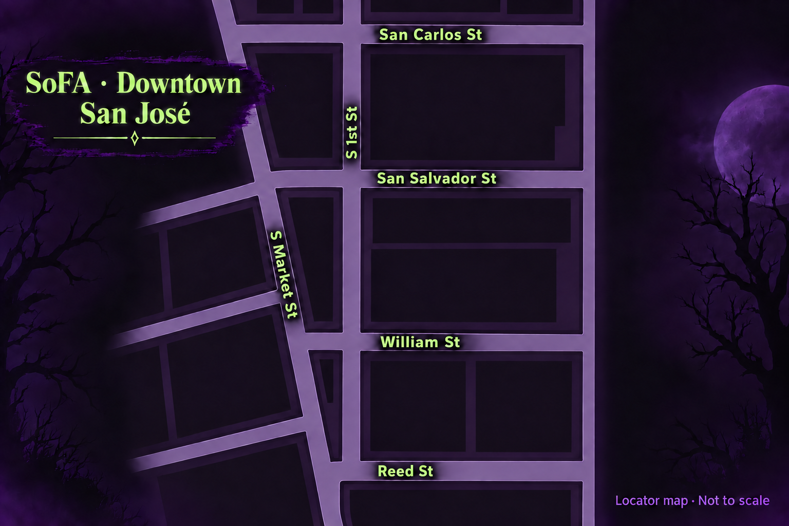SoFA locator map marking Guildhouse at 420 South 1st Street, between San Salvador Street and William Street